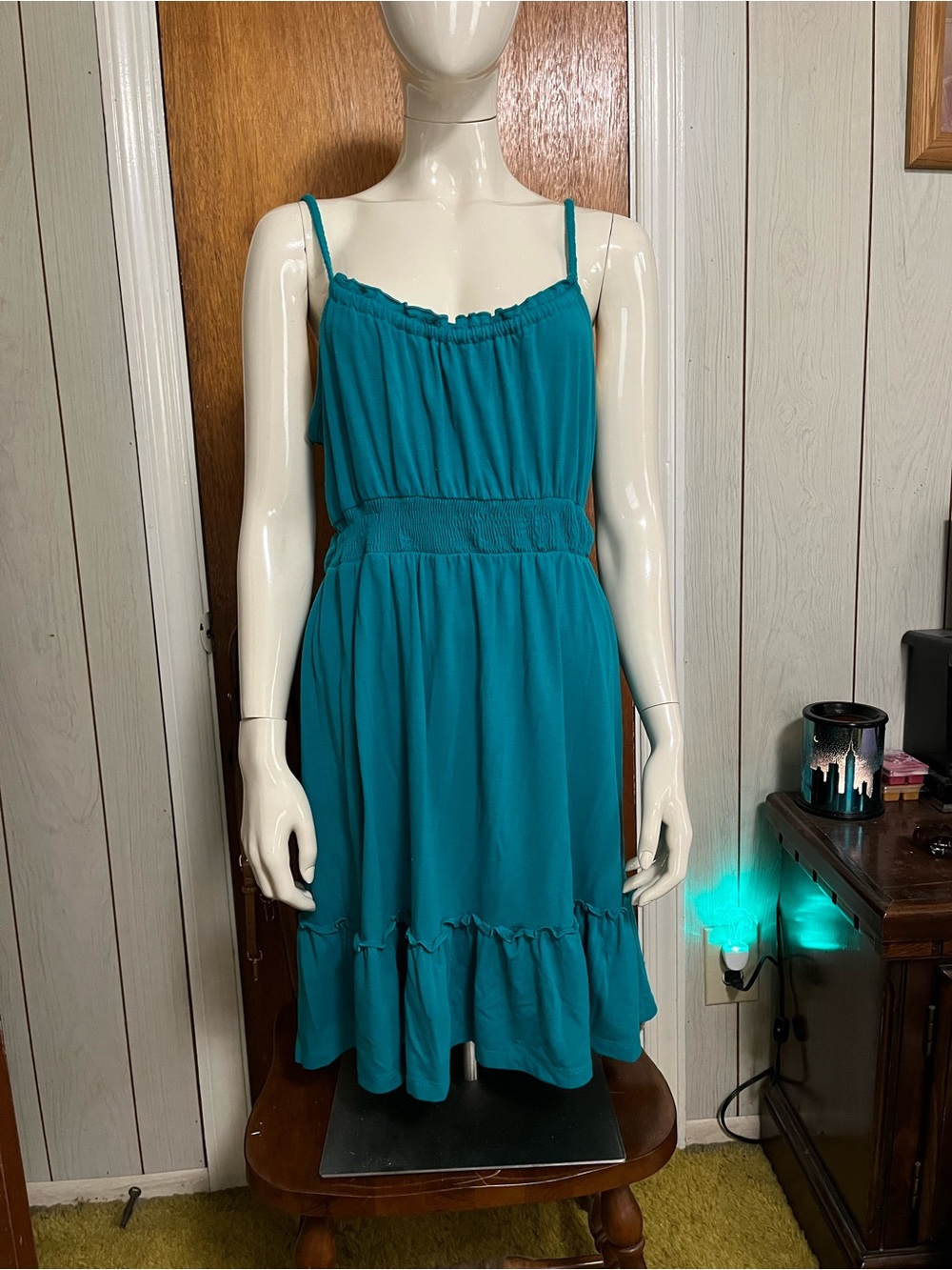 No Boundaries Teal Spaghetti Strap Ruffle-Hem Mini Dress